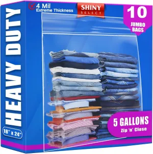 [ 10 Count ] Extra Large HEAVY DUTY Big Bags - Zipper Top - 4 Mill Extra Thick- Jumbo Clear Storage Plastic Bags, 18"x24" 5 GALLON SIZE Bags for Moving, Traveling, Organization or Freezer, 10 Count