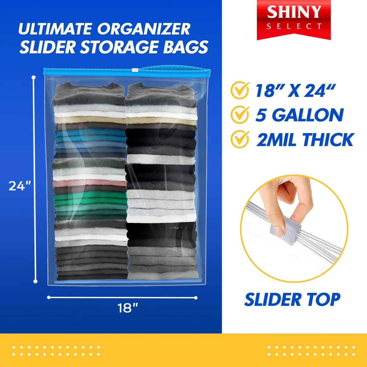 [ PACK OF 15 ] Extra X-Large Big 5 Gallon SLIDER Bags For Storage, Food Prep, Travel, Organization, Moving, Packing, Dust Proof, Clear Plastic 2 Mil. Thick, 18" x 24"