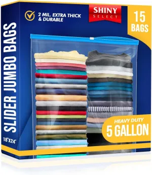 [ PACK OF 15 ] Extra X-Large Big 5 Gallon SLIDER Bags For Storage, Food Prep, Travel, Organization, Moving, Packing, Dust Proof, Clear Plastic 2 Mil. Thick, 18" x 24"