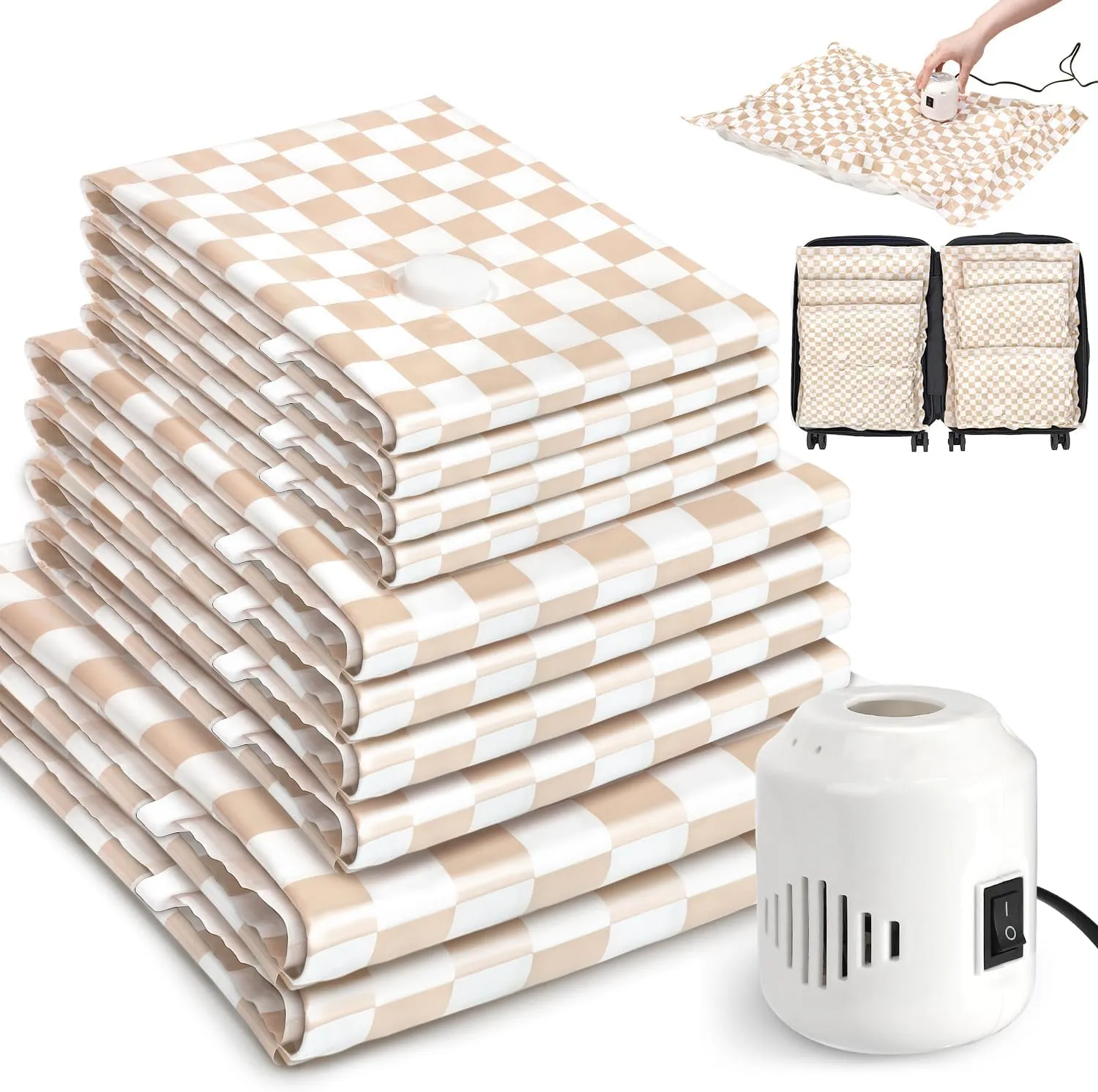 10 Pack Vacuum Storage Bags with Electric Pump (Pink Checks)
