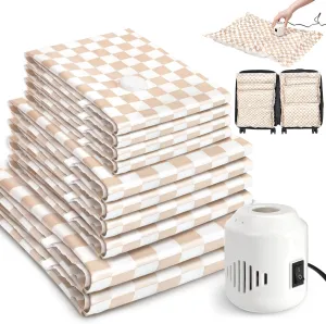 10 Pack Vacuum Storage Bags with Electric Pump (Pink Checks)