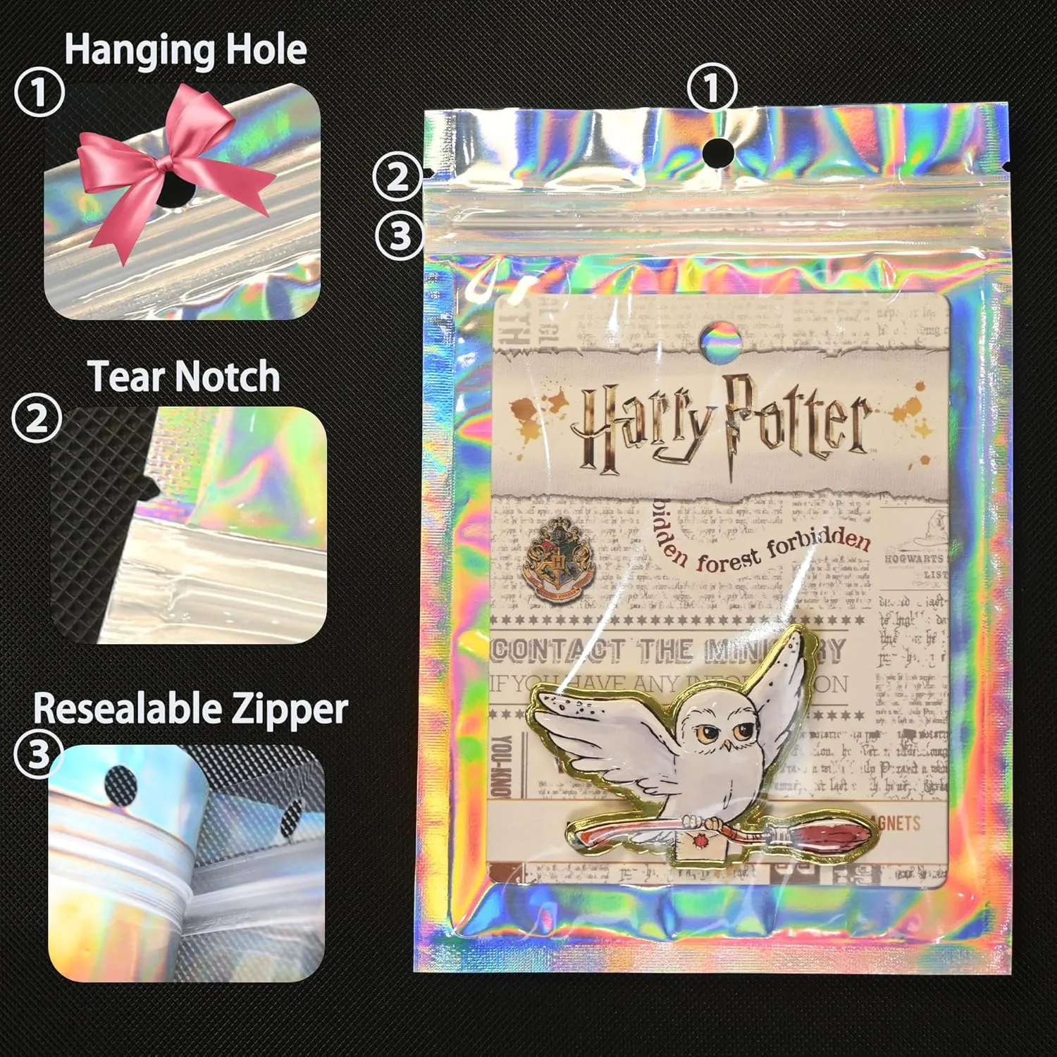 100 Pack Holographic Resealable Plastic Bags for Food Storage, Zipper Bags with Clear Front Window, Packaging Pouch for Small Business (100 Pack, 5.2x9.6 inch)