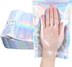 100 Pack Holographic Resealable Plastic Bags for Food Storage, Zipper Bags with Clear Front Window, Packaging Pouch for Small Business (100 Pack, 5.2x9.6 inch)