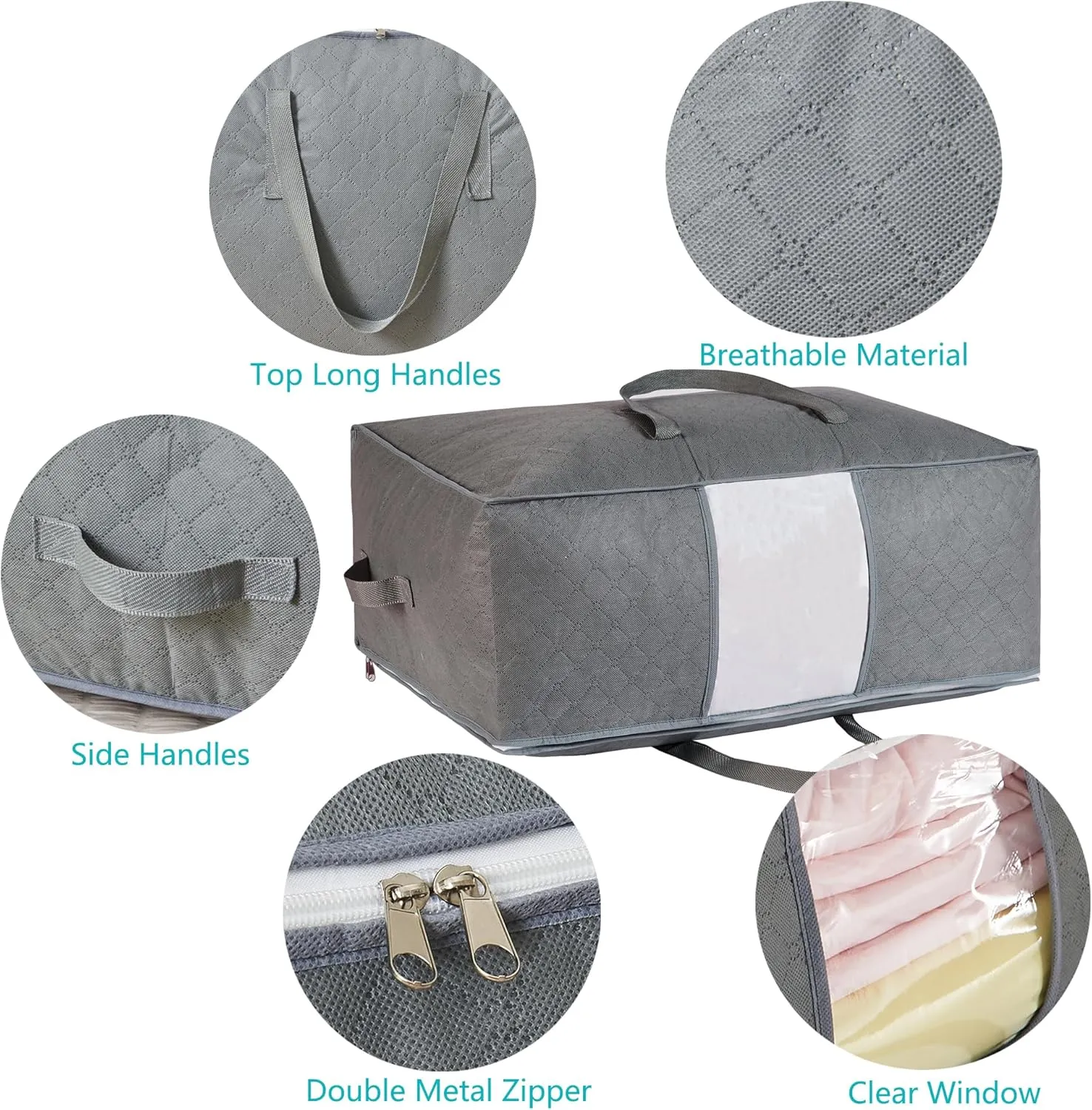 105L Extra Large Storage Bags for Blankets, King Comforters, Bedding, Clothes, Pillows, Sheets - Closet Organizers and Storage with 4 Handles & Clear Window, Foldable & Breathable (Grey, 3pack)