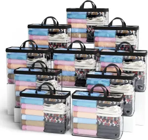 10PACK Clear Zippered Storage Bag for Clothes, 22L Clear Storage Bags, and Blanket Storage Bags for Bedding, Linen, Blankets, Comforters, Clothing & Toys (Black)