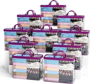 10PACK Clear Zippered Storage Bags for Clothes, 22L Closet Organizers Bag, and Blanket Storage Bags for Bedding, Linen, Blankets, Comforters, Clothing & Toys (Purple)