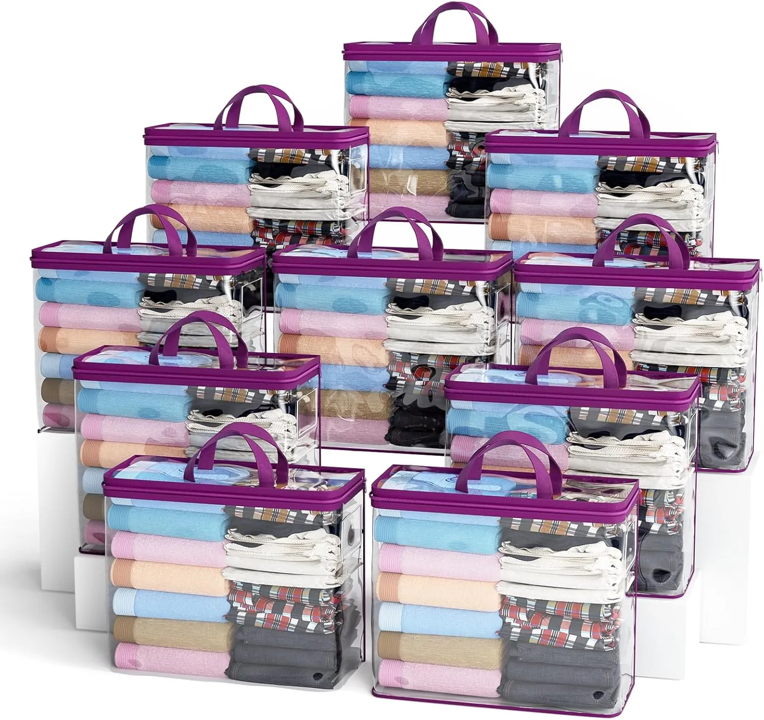 10PACK Clear Zippered Storage Bags for Clothes, 22L Closet Organizers Bag, and Blanket Storage Bags for Bedding, Linen, Blankets, Comforters, Clothing & Toys (Purple)