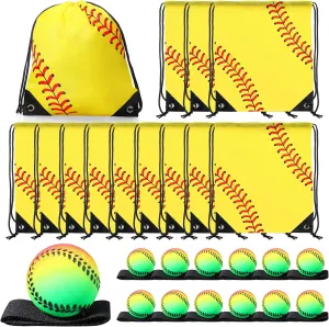 12 Pcs Drawstring Bags with Wrist Return Ball Backpack Sports Party Favors Accessories for Kids Gift(Softball)