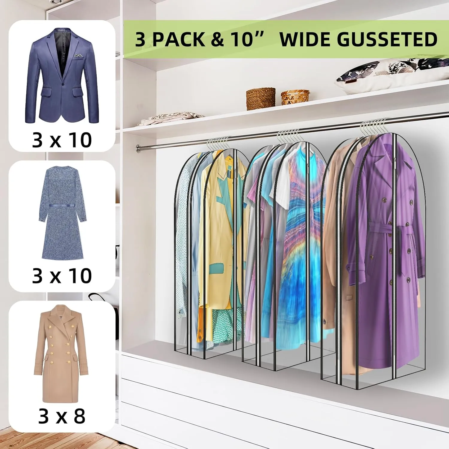 12" Gusseted All Clear Garment Bags for Hanging Clothes 60" Suit Bags for Storage of Coats, Dresses, and Shirts for Closet Storage Clothing Cover, 3 Packs