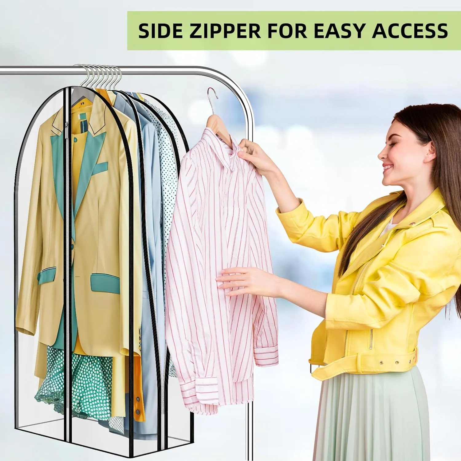 12" Gusseted All Clear Garment Bags for Hanging Clothes 60" Suit Bags for Storage of Coats, Dresses, and Shirts for Closet Storage Clothing Cover, 3 Packs