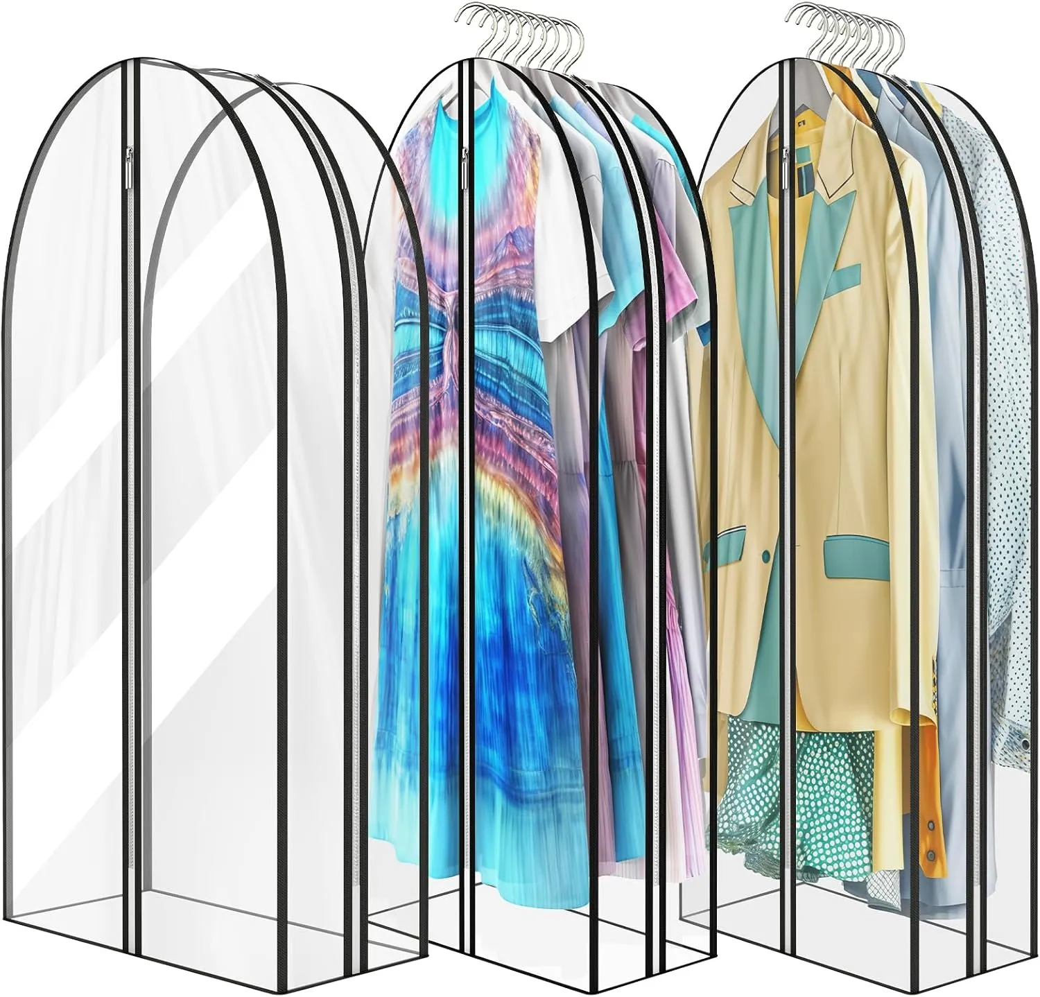 12" Gusseted All Clear Garment Bags for Hanging Clothes 60" Suit Bags for Storage of Coats, Dresses, and Shirts for Closet Storage Clothing Cover, 3 Packs