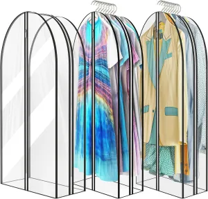 12" Gusseted All Clear Garment Bags for Hanging Clothes 60" Suit Bags for Storage of Coats, Dresses, and Shirts for Closet Storage Clothing Cover, 3 Packs