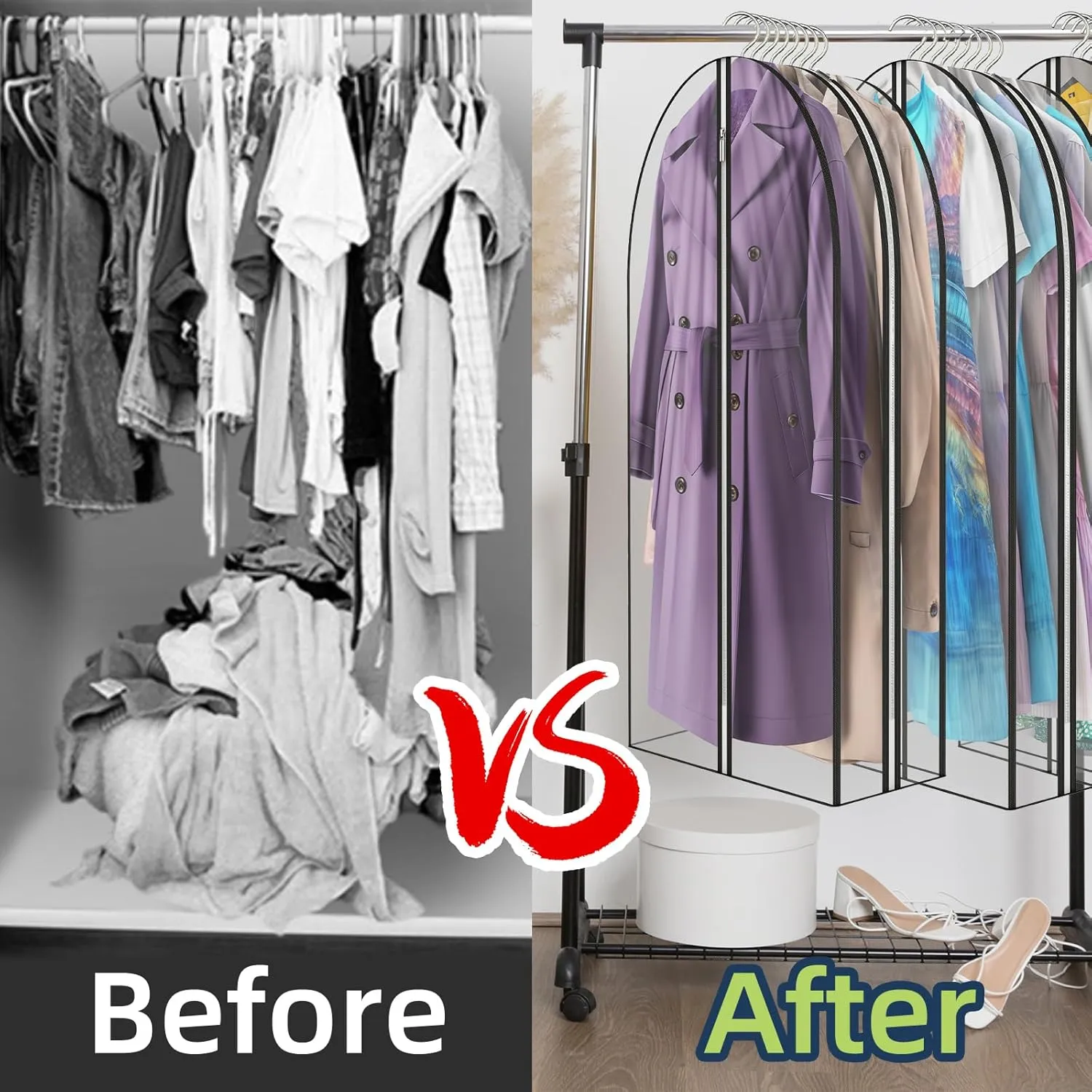12" Gusseted All Clear Garment Bags for Hanging Clothes 60" Suit Bags for Storage of Coats, Dresses, and Shirts for Closet Storage Clothing Cover, 3 Packs