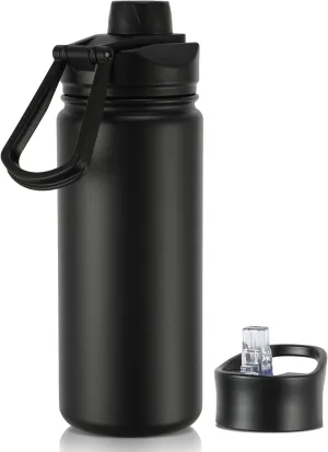16 oz Insulated Water Bottle with Straw Lids, Stainless Steel Kids Water Bottles for School, Double Wall Vacuum Metal Water Bottle with Straw & Wide Mouth Lid, Black 1 Pack