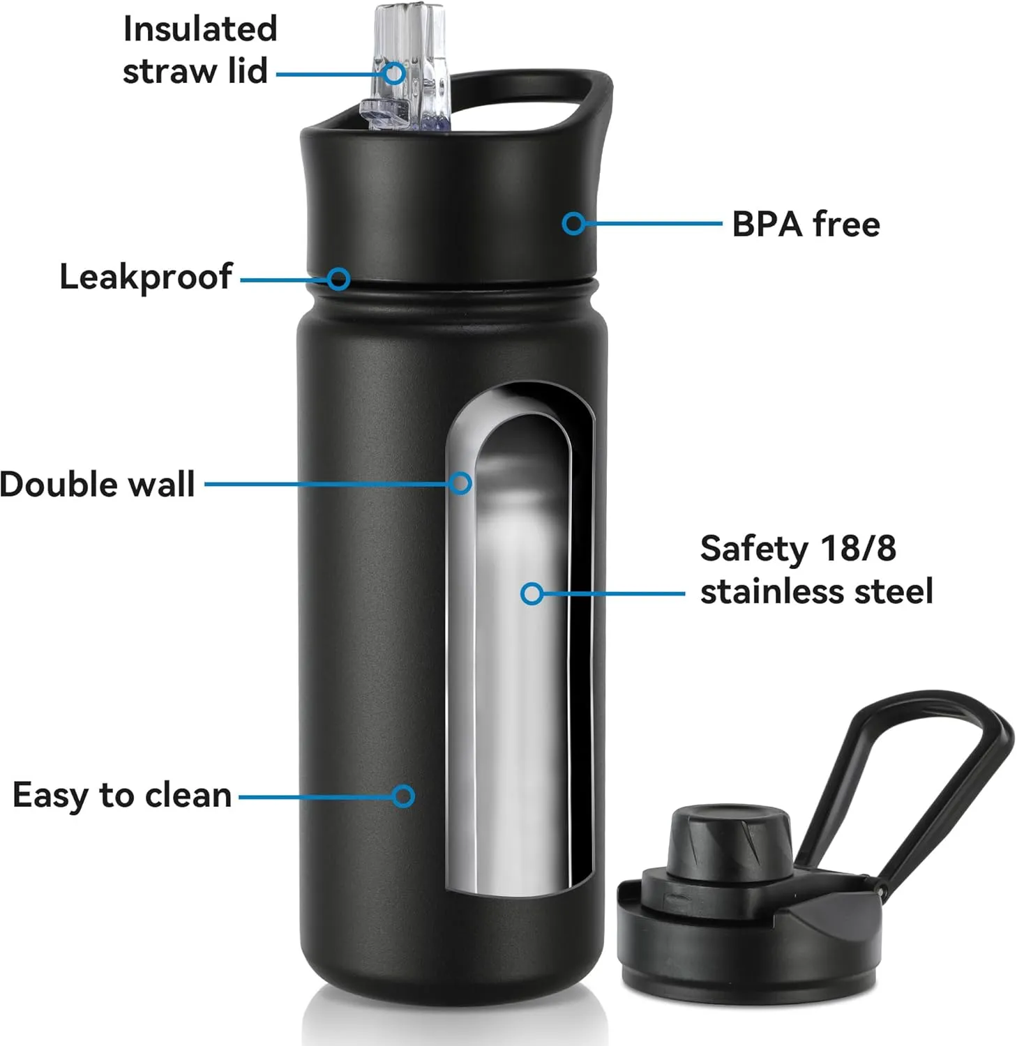 16 oz Insulated Water Bottle with Straw Lids, Stainless Steel Kids Water Bottles for School, Double Wall Vacuum Metal Water Bottle with Straw & Wide Mouth Lid, Black 1 Pack