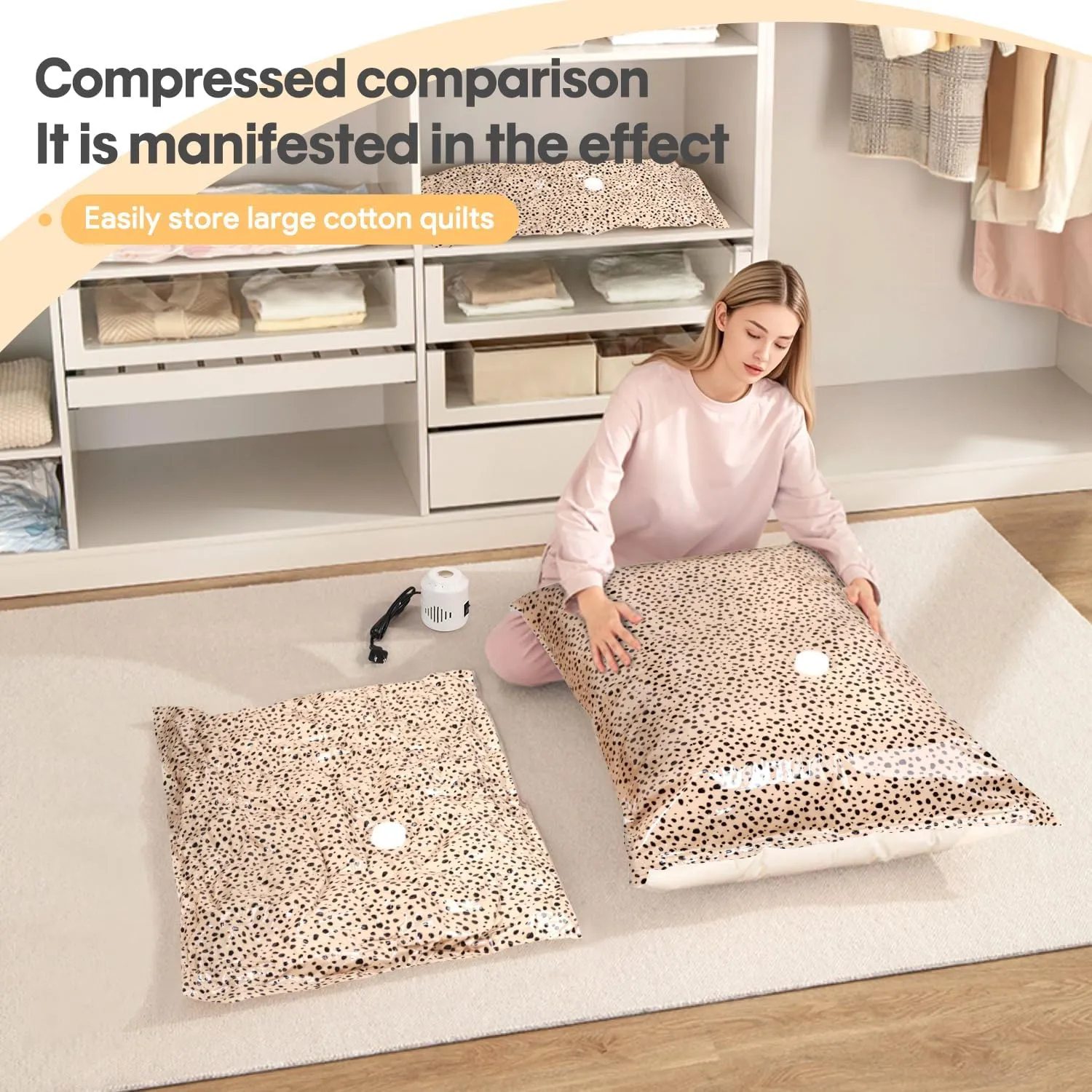 16 Pack Vacuum Storage Bags with Electric Pump, Vacuum Seal Bag for Clothing, Space Saver Storage Organizer, Travel Packing Bags for Luggage (Beige Leopard)