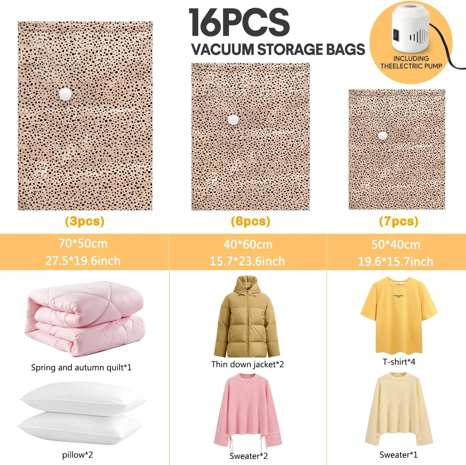 16 Pack Vacuum Storage Bags with Electric Pump, Vacuum Seal Bag for Clothing, Space Saver Storage Organizer, Travel Packing Bags for Luggage (Beige Leopard)