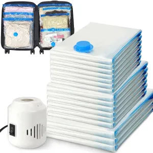 16 Pack Vacuum Storage Bags with Electric Pump, Vacuum Seal Bag for Clothing, Space Saver Storage Organizer, Travel Packing Bags for Luggage (Clear)