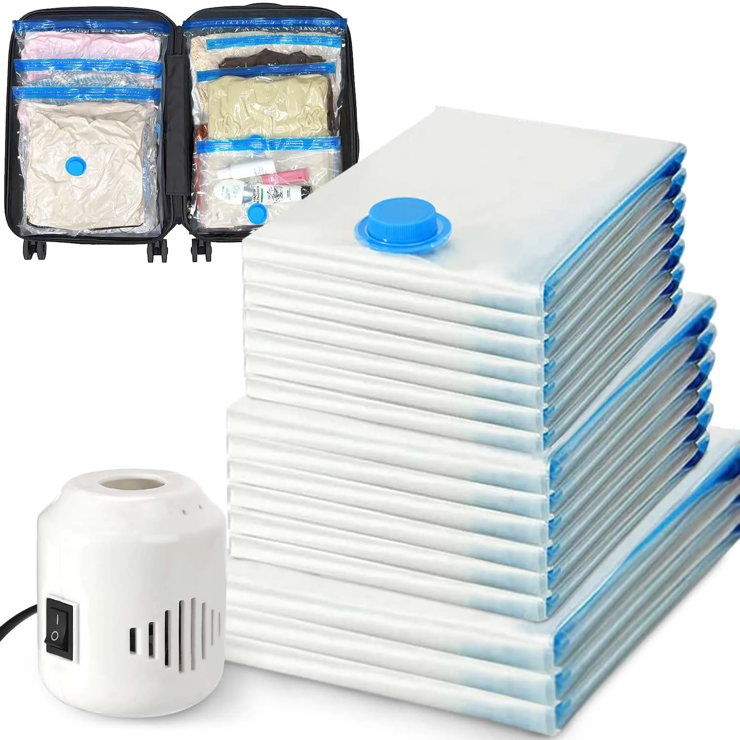 16 Pack Vacuum Storage Bags with Electric Pump, Vacuum Seal Bag for Clothing, Space Saver Storage Organizer, Travel Packing Bags for Luggage (Clear)