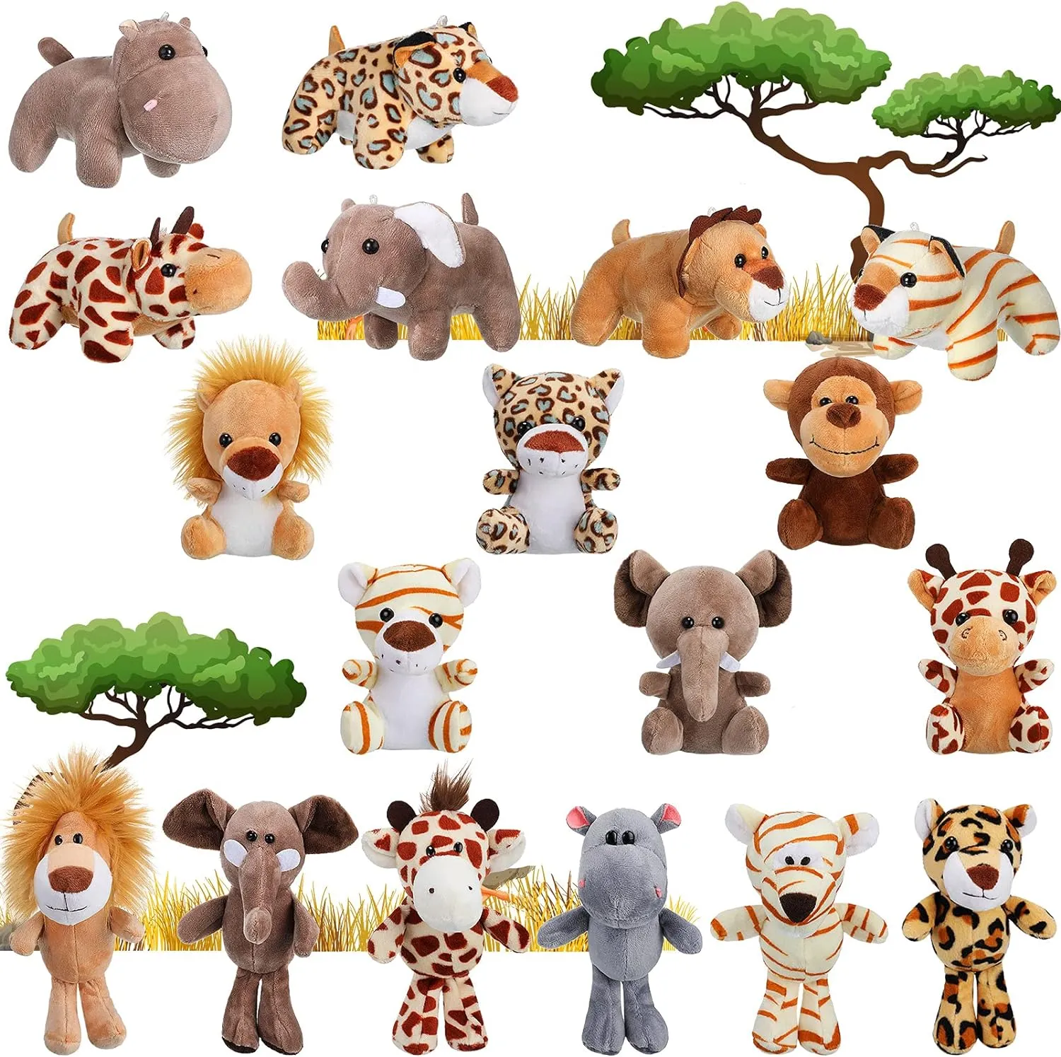 18 Pieces Small Safari Stuffed Animals 4.8 Inch Mini Jungle Animal Plush Toys Cute Zoo Stuffed Small Plush Set for Safari Themed Baby Shower Birthday Party Favors Teacher Student Award(Stylish Style)