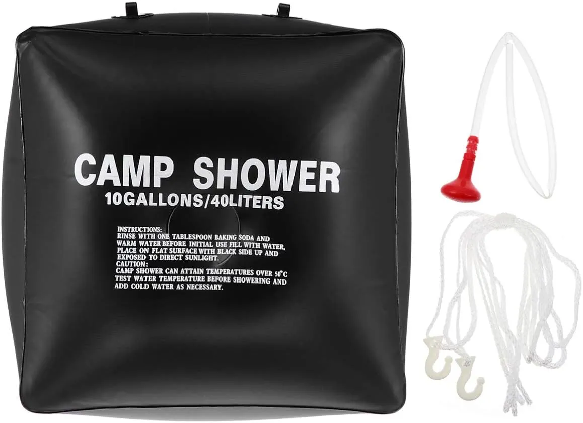 1Set Solar Shower Bag Portable Camping Shower Bag Outdoor Solar Heating Pouch with Nozzle Hose and Rope for Hiking Fishing and Travel