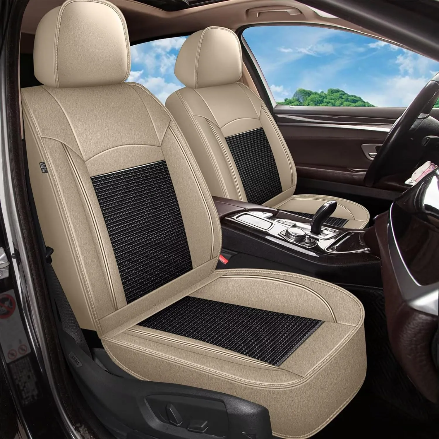 2 Front Seat Covers Fit for Chevy/Chevrolet Suburban 2009-2023 2024 2025: Car Seat Covers Leather Waterproof Ice Silk Breathable Car Seat Cushion Protector (2 Seats, Black & Beige)