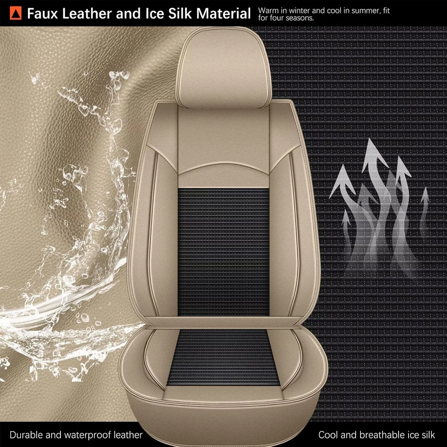 2 Front Seat Covers Fit for Chevy/Chevrolet Suburban 2009-2023 2024 2025: Car Seat Covers Leather Waterproof Ice Silk Breathable Car Seat Cushion Protector (2 Seats, Black & Beige)