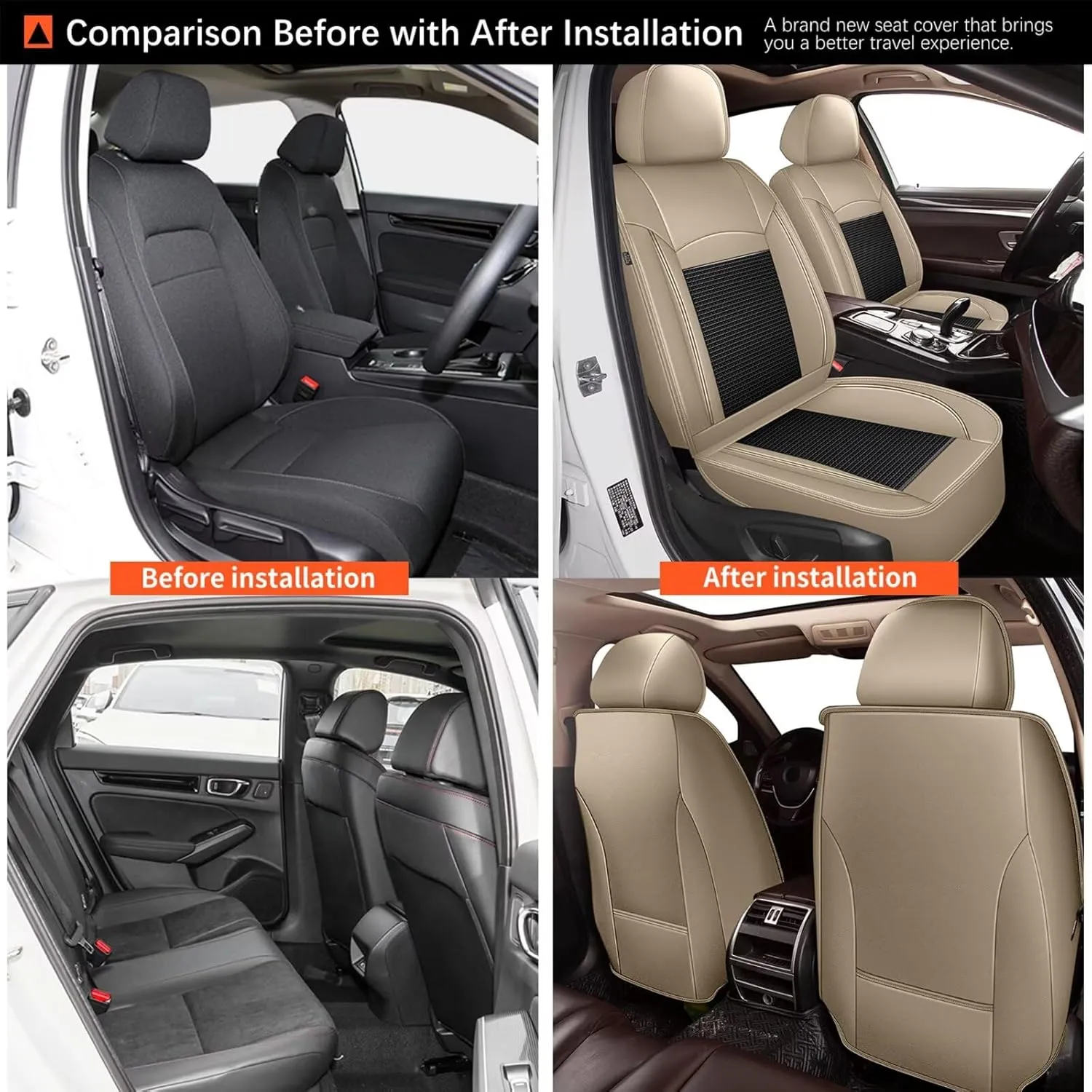 2 Front Seat Covers Fit for Chevy/Chevrolet Suburban 2009-2023 2024 2025: Car Seat Covers Leather Waterproof Ice Silk Breathable Car Seat Cushion Protector (2 Seats, Black & Beige)