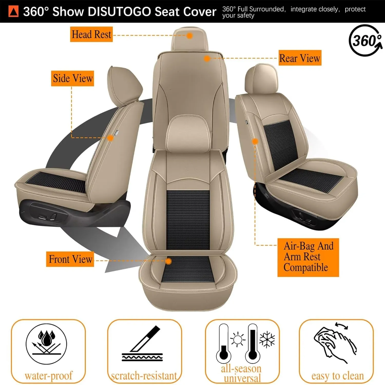 2 Front Seat Covers Fit for Chevy/Chevrolet Suburban 2009-2023 2024 2025: Car Seat Covers Leather Waterproof Ice Silk Breathable Car Seat Cushion Protector (2 Seats, Black & Beige)