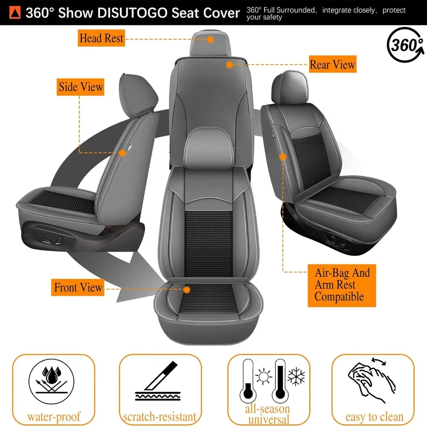 2 Front Seat Covers Fit for Honda Pilot 2005-2016: Car Seat Covers Leather Waterproof Ice Silk Breathable Car Seat Cushion Protector (2 Seats, Black & Grey)