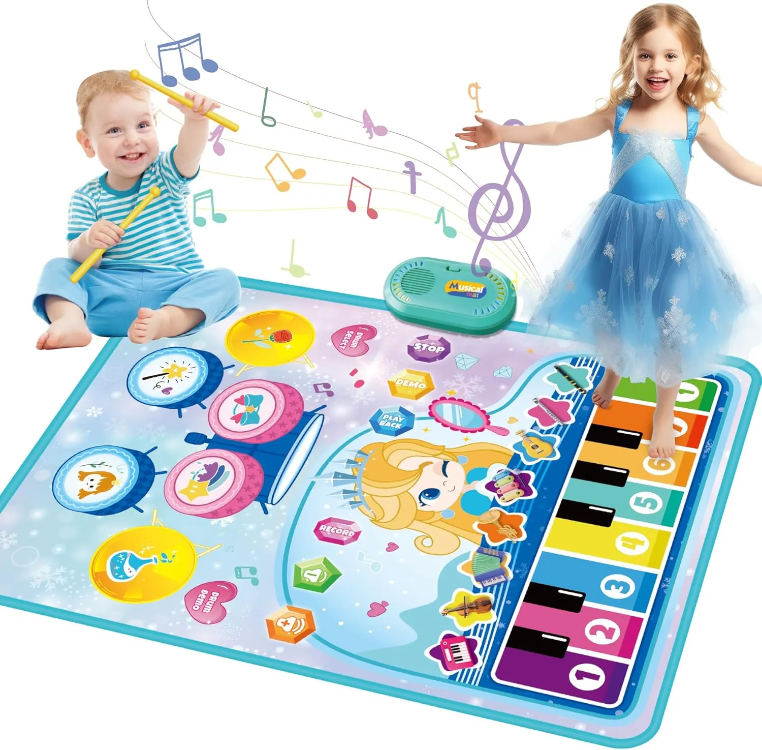 2-in-1 Musical Play Mat 35.43" x 27.56" - Piano & Drum Mat with 8 Instrument Sounds, 5 Drum Sounds, and Lightweight Drumsticks for 1-5 Year Old Boys & Girls