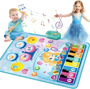2-in-1 Musical Play Mat 35.43" x 27.56" - Piano & Drum Mat with 8 Instrument Sounds, 5 Drum Sounds, and Lightweight Drumsticks for 1-5 Year Old Boys & Girls