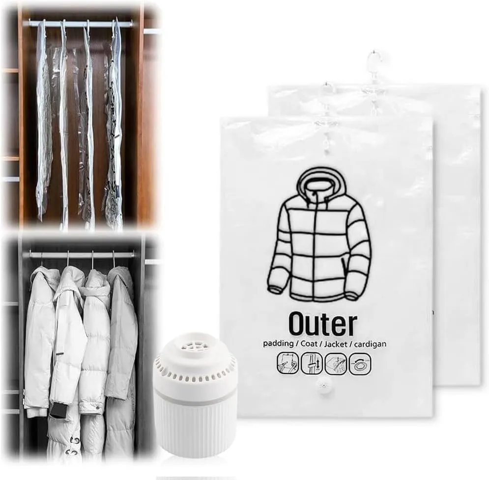 2 PCS Hanging Vacuum Storage Bags with Electric Pump, Vacuum Sealer Bags Clothes Hanging Compressible Storage Bag for Travel, Hanging Space Saver Bag for Luggage Clothes Packing (Medium)