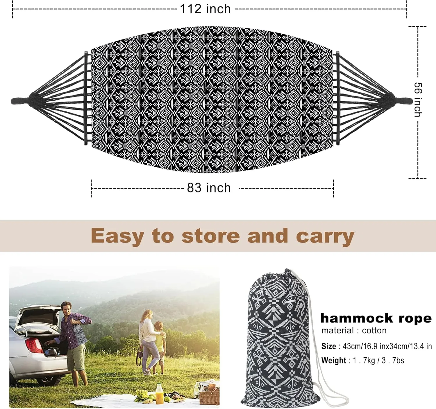 2 Person Hammock with Pillow,Indoor Hammocks with Portable Carry Bag Deluxe Macrame Fringe,Curved Spreader Bar,Side Pocket,Polycotton Fabric,Up to 450Lbs for Patio,Porch,Backyard,Beach,Outdoor
