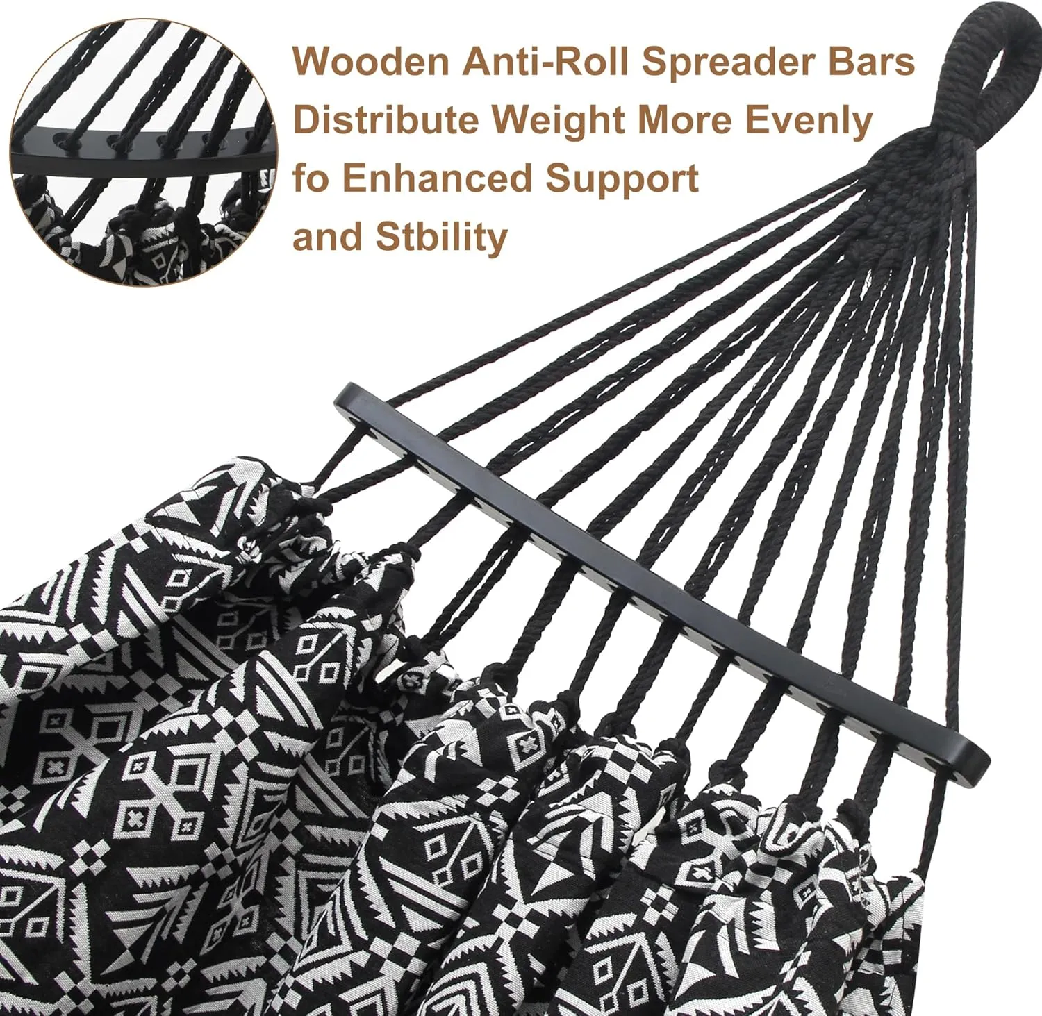 2 Person Hammock with Pillow,Indoor Hammocks with Portable Carry Bag Deluxe Macrame Fringe,Curved Spreader Bar,Side Pocket,Polycotton Fabric,Up to 450Lbs for Patio,Porch,Backyard,Beach,Outdoor