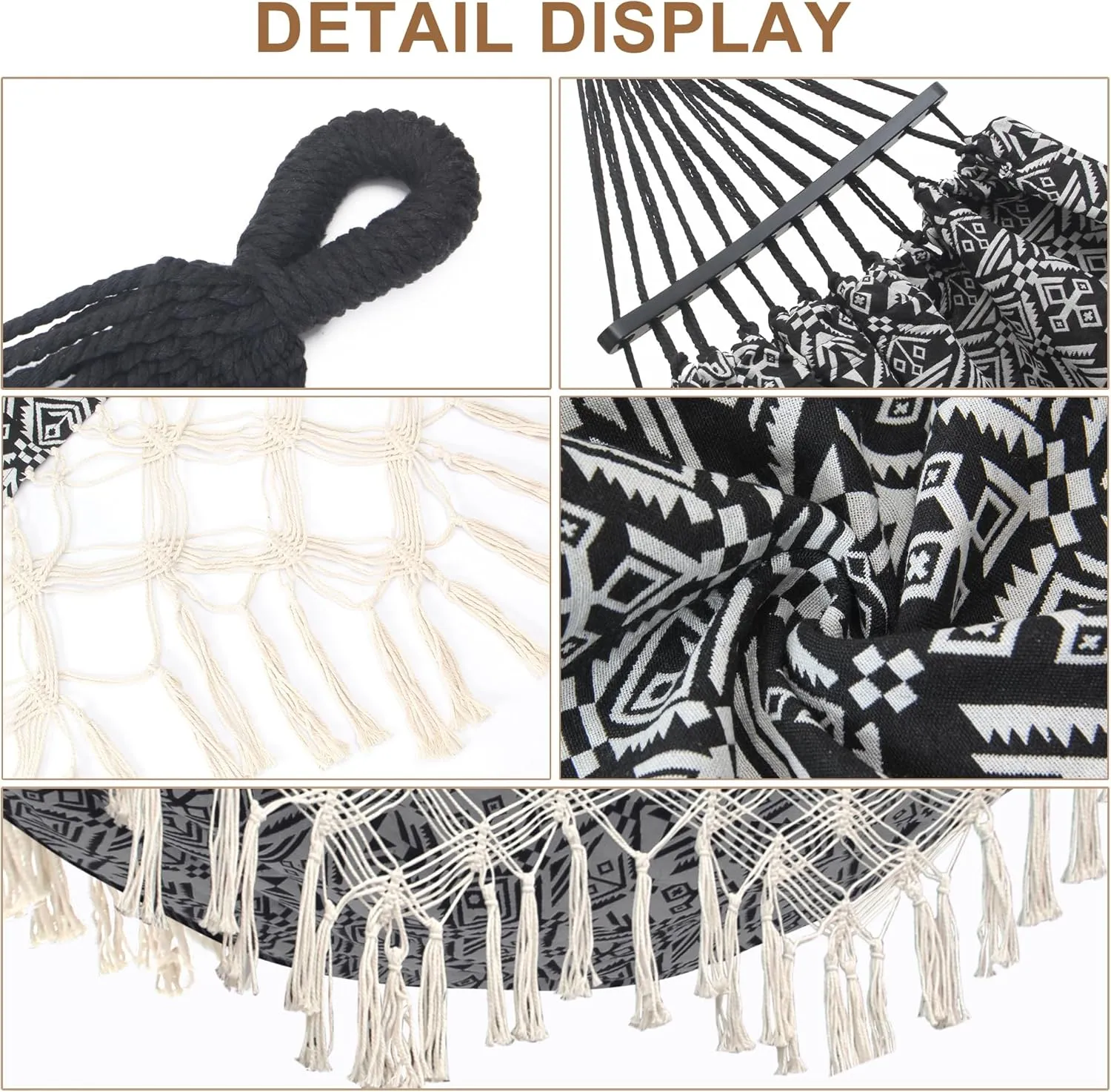 2 Person Hammock with Pillow,Indoor Hammocks with Portable Carry Bag Deluxe Macrame Fringe,Curved Spreader Bar,Side Pocket,Polycotton Fabric,Up to 450Lbs for Patio,Porch,Backyard,Beach,Outdoor