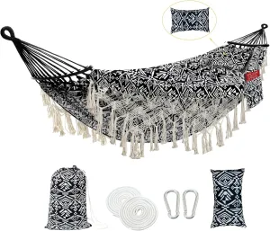 2 Person Hammock with Pillow,Indoor Hammocks with Portable Carry Bag Deluxe Macrame Fringe,Curved Spreader Bar,Side Pocket,Polycotton Fabric,Up to 450Lbs for Patio,Porch,Backyard,Beach,Outdoor