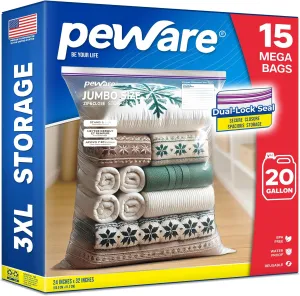 20 GALLON Jumbo Storage Bags, 4Mil Thick Giant Plastic Bags, Double Zipper Extra Large XXL Zip Top Baggies for Clothes Pillow Travel Moving, 24"x32" [15 COUNT]