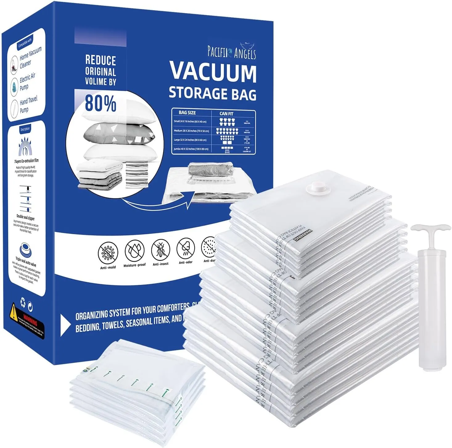20-Pack Heavy-Duty Premium Vacuum Storage Bags – 4 Jumbo/4 Large/4 Medium/4 Small/4 Roll Bags   FREE Travel Hand Pump. Ultra-Thick, Airtight & Reusable, vacuum seal bags for clothing