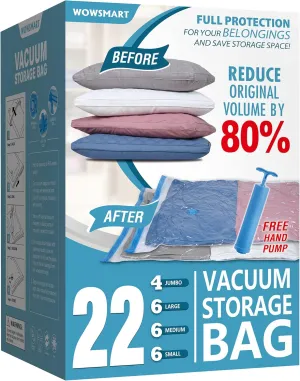 22 Vacuum Storage Bags with Hand Pump, 80% Space Saver Vacuum Seal Storage Bags for Clothing, Travel Lugggage, Blankets, Comforters