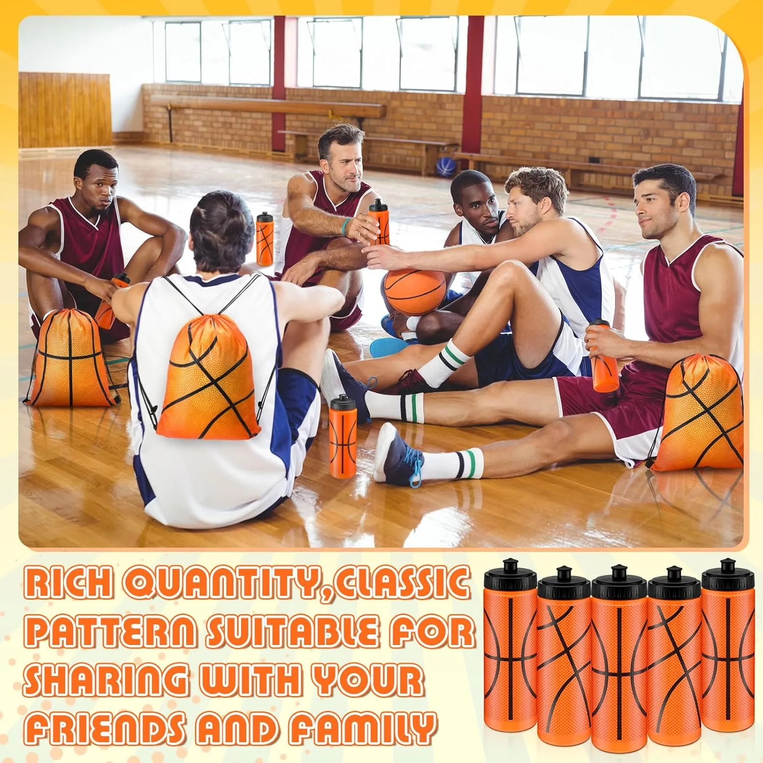 24 Pcs Basketball Water Bottle Basketball Drawstring Bag Set with 50 Sticker Basketball Party Favors 12 Reusable Sports Squeeze Water Bottle 20oz 12 Basketball Goodie Gift Bag for Basketball Team Gift