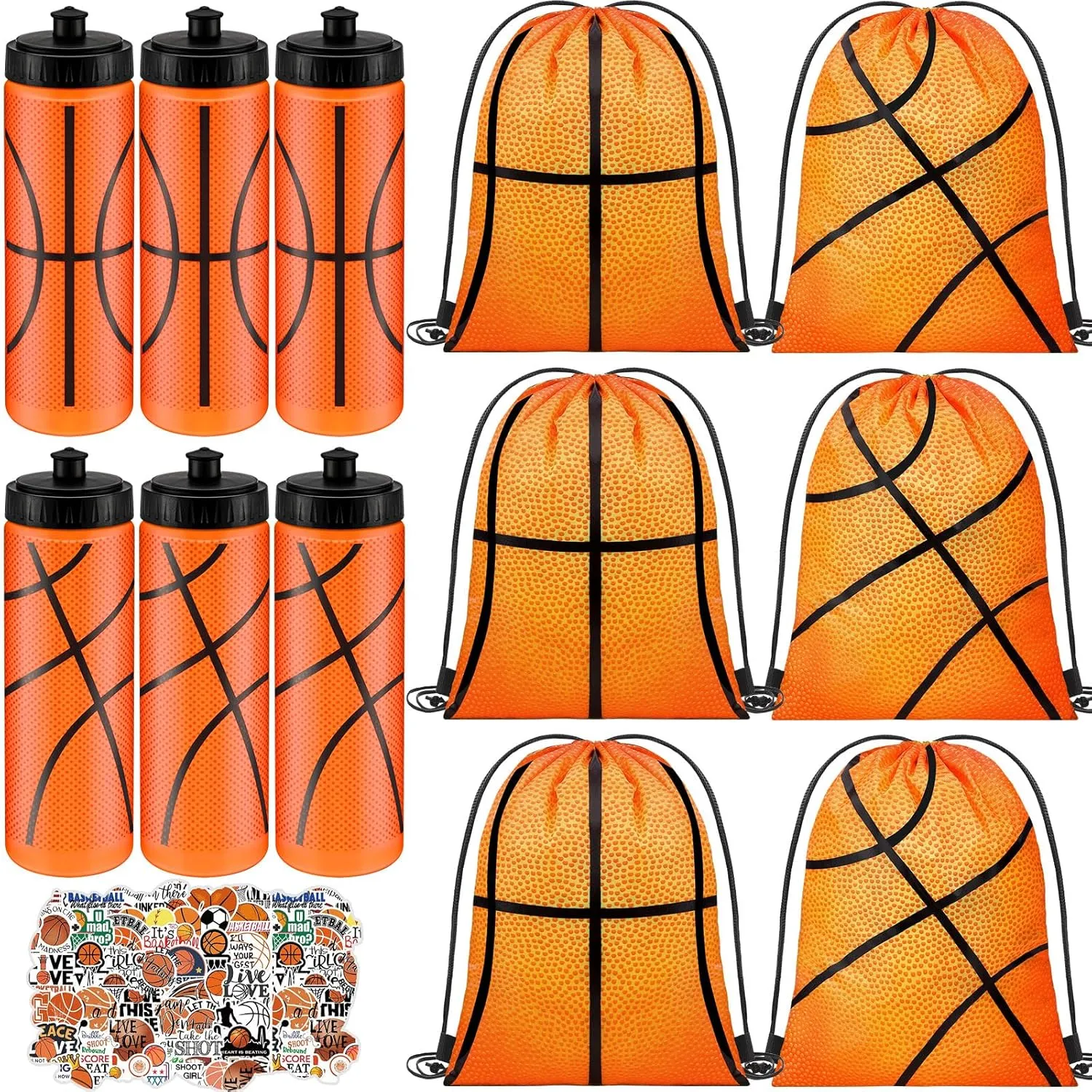 24 Pcs Basketball Water Bottle Basketball Drawstring Bag Set with 50 Sticker Basketball Party Favors 12 Reusable Sports Squeeze Water Bottle 20oz 12 Basketball Goodie Gift Bag for Basketball Team Gift