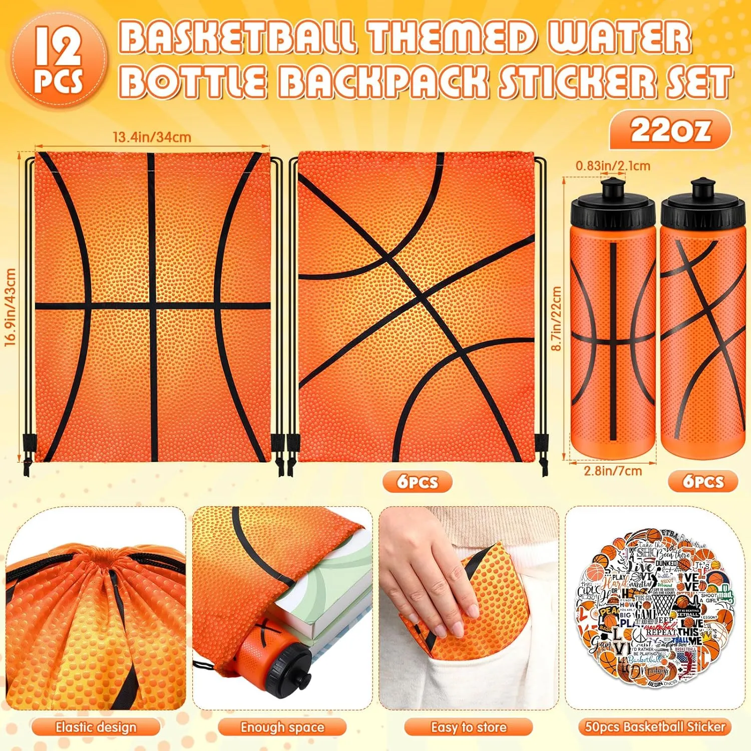 24 Pcs Basketball Water Bottle Basketball Drawstring Bag Set with 50 Sticker Basketball Party Favors 12 Reusable Sports Squeeze Water Bottle 20oz 12 Basketball Goodie Gift Bag for Basketball Team Gift