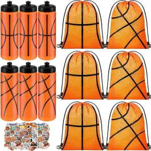 24 Pcs Basketball Water Bottle Basketball Drawstring Bag Set with 50 Sticker Basketball Party Favors 12 Reusable Sports Squeeze Water Bottle 20oz 12 Basketball Goodie Gift Bag for Basketball Team Gift