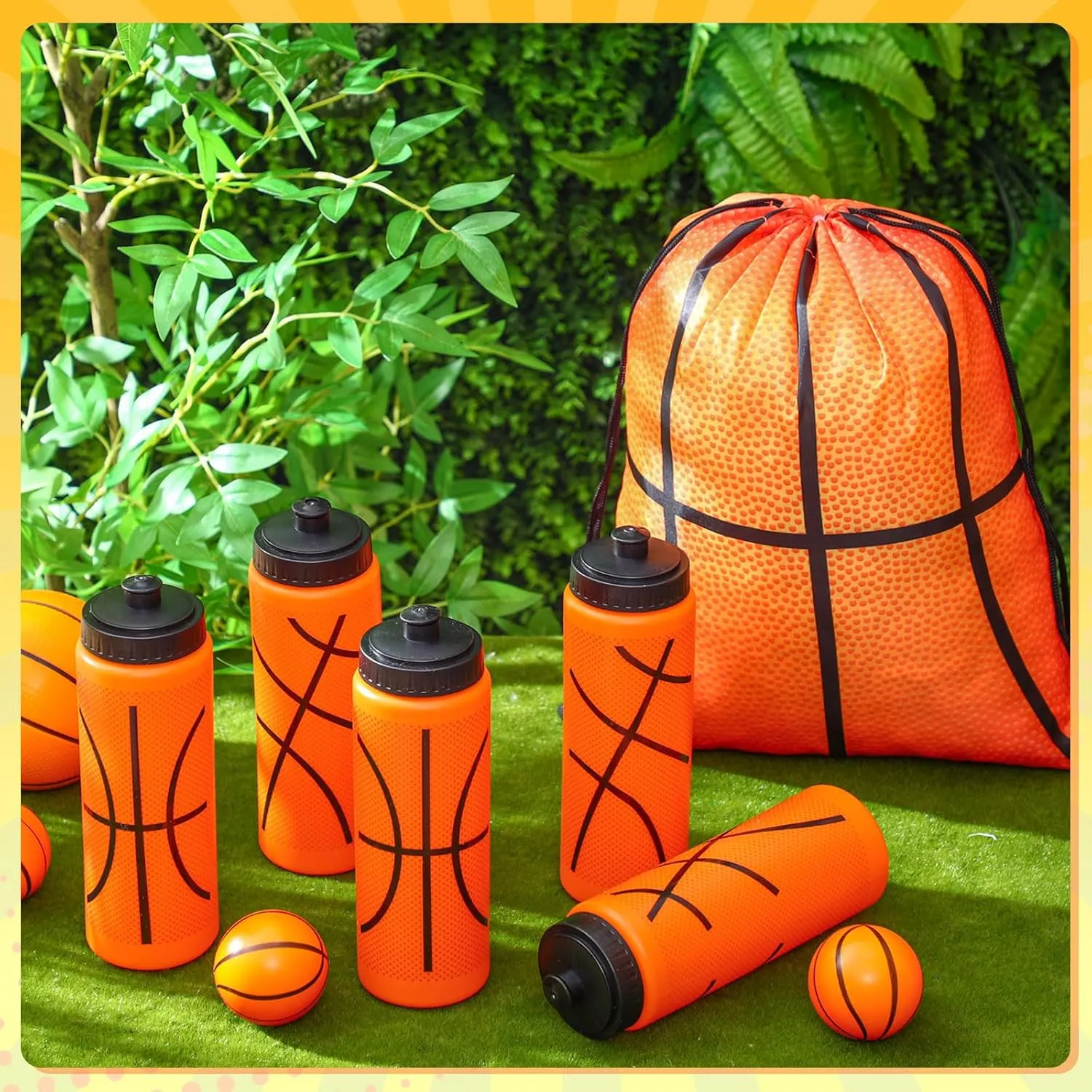 24 Pcs Basketball Water Bottle Basketball Drawstring Bag Set with 50 Sticker Basketball Party Favors 12 Reusable Sports Squeeze Water Bottle 20oz 12 Basketball Goodie Gift Bag for Basketball Team Gift