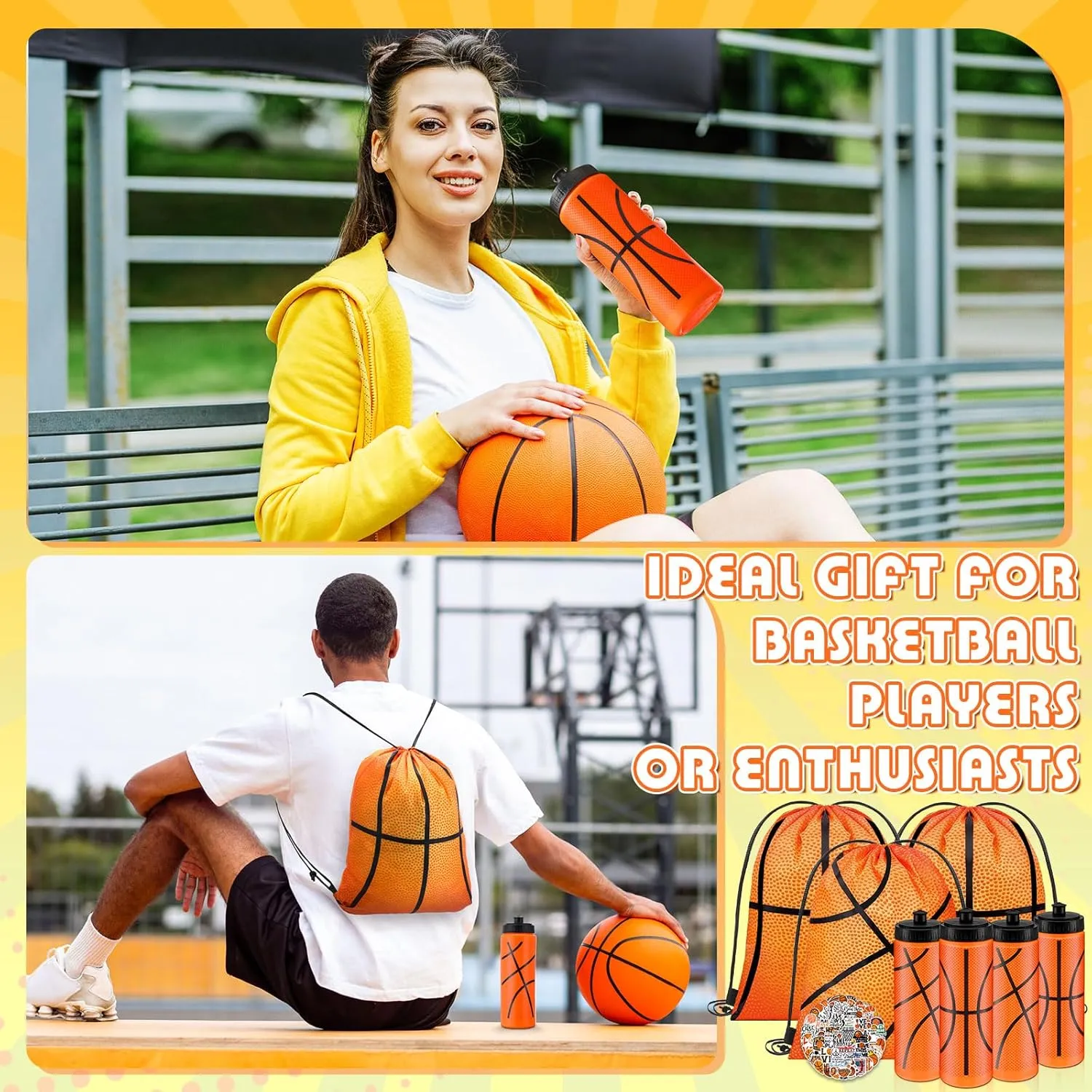 24 Pcs Basketball Water Bottle Basketball Drawstring Bag Set with 50 Sticker Basketball Party Favors 12 Reusable Sports Squeeze Water Bottle 20oz 12 Basketball Goodie Gift Bag for Basketball Team Gift