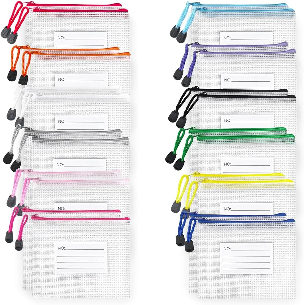 24pcs Small Mesh Zipper Pouch 6.3x4.9 Inches Waterproof Zip Mesh Bags with Label Pocket for School Office Supplies & Cosmetics Travel Accessories