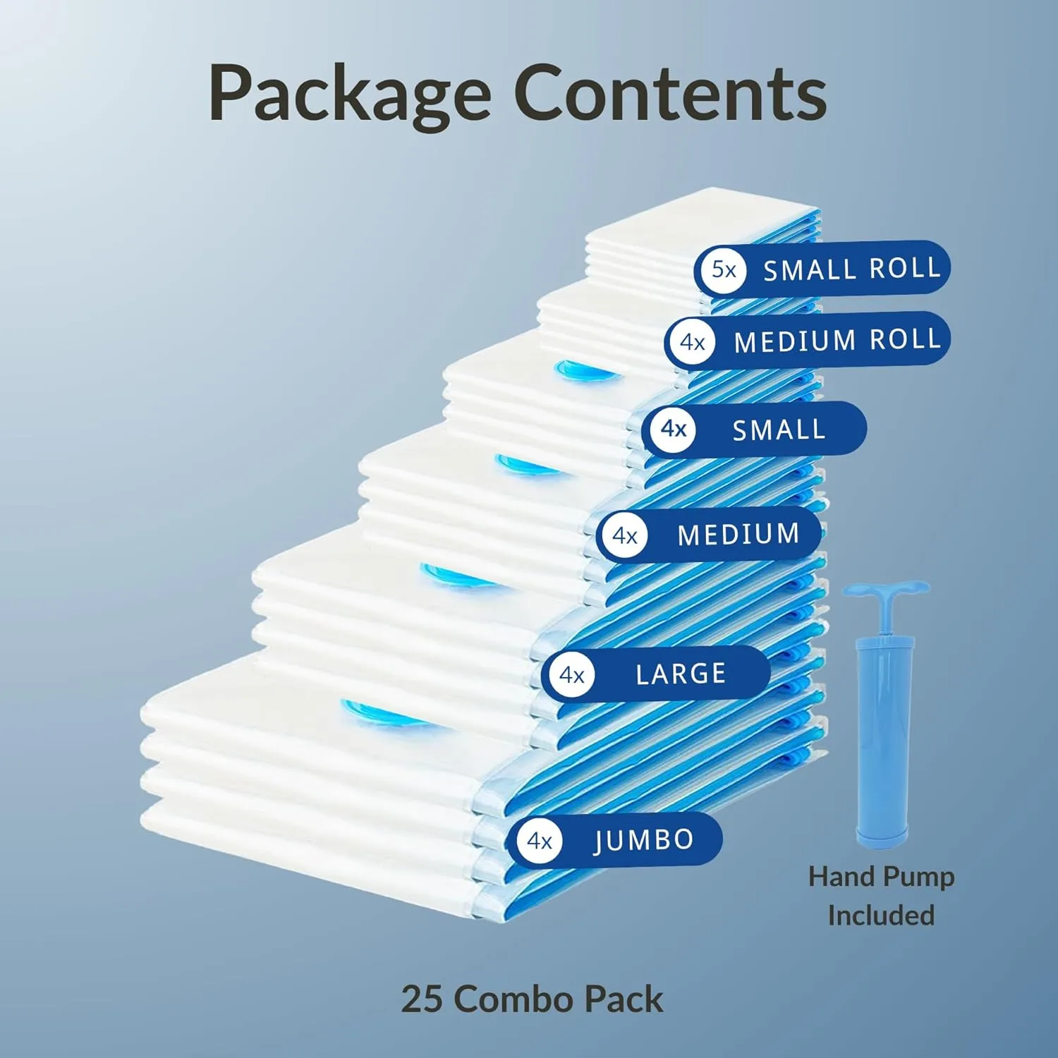 25 Pack Vacuum Storage Bags with Pump, Compression Space Saver for Comforter, Bedding, Blanket Storage, Vacuum Seal Bags for Clothing, Luggage and Closet Organizer