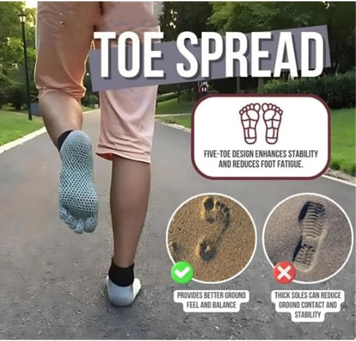 2Pair Konjoun Barefoot Socks - Grounding Mens & Womens Non Slip Breathable Toe Socks for Outdoor Hiking