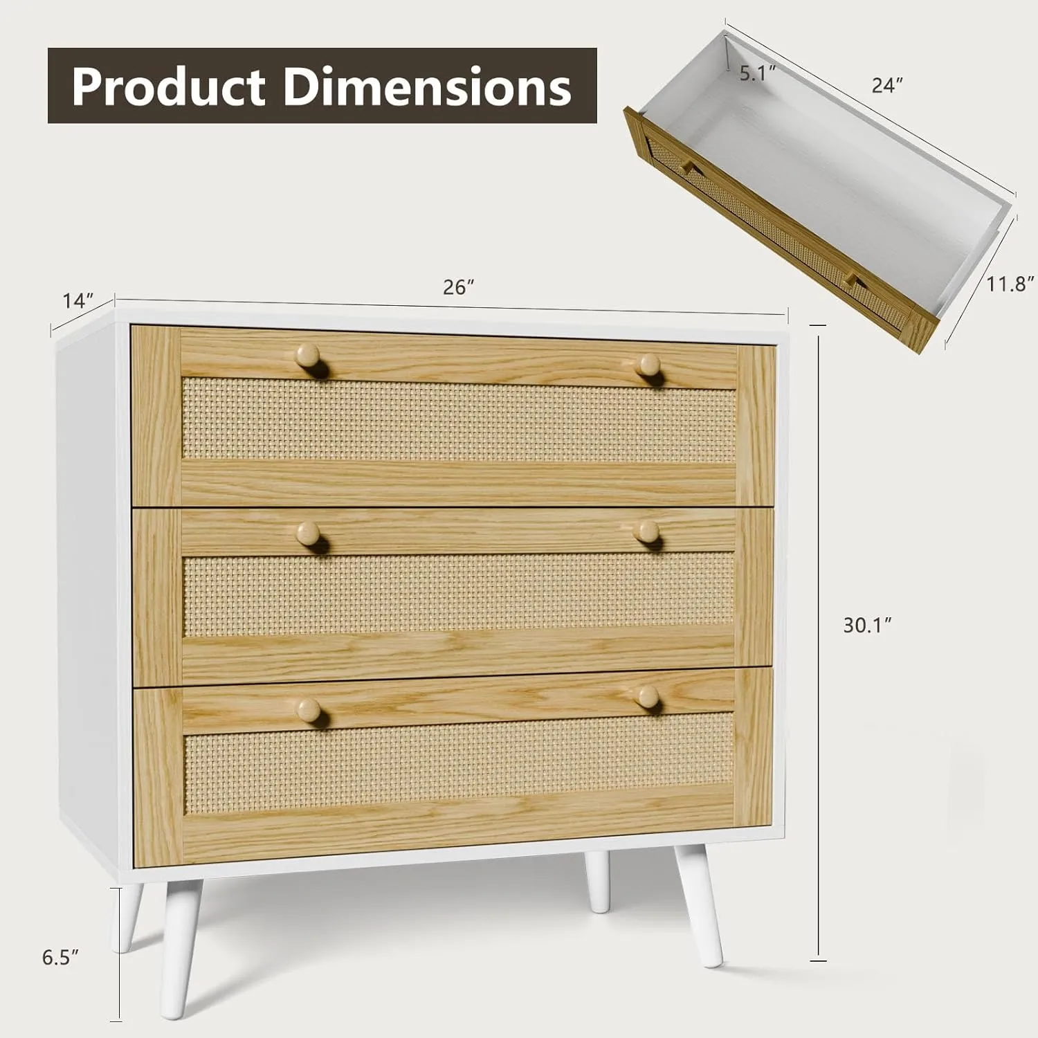 3 Drawer Storage Rattan Dresser, Boho Dresser Chest for Bedroom Hallway Living Room, White